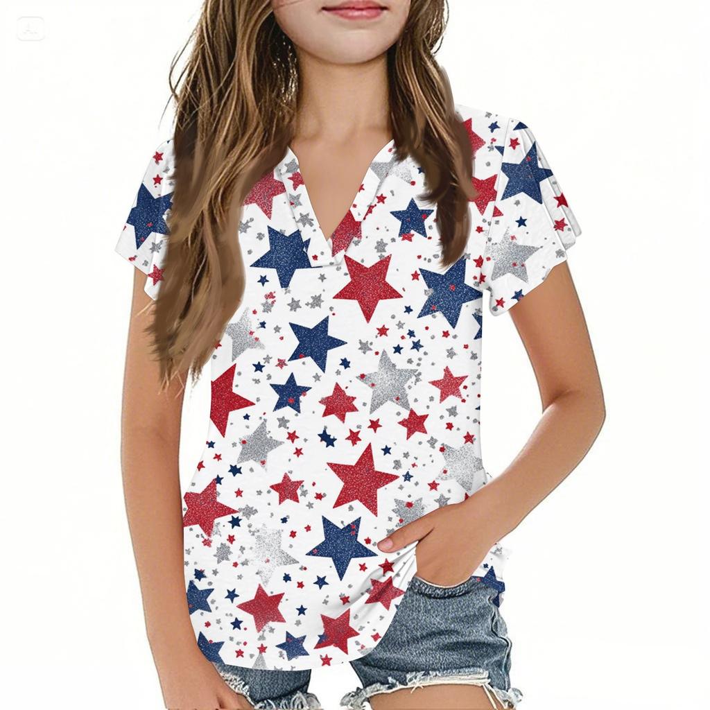 Summer Children's Casual Fashion Short-Sleeved V-Neck Independence Day Girls' Top