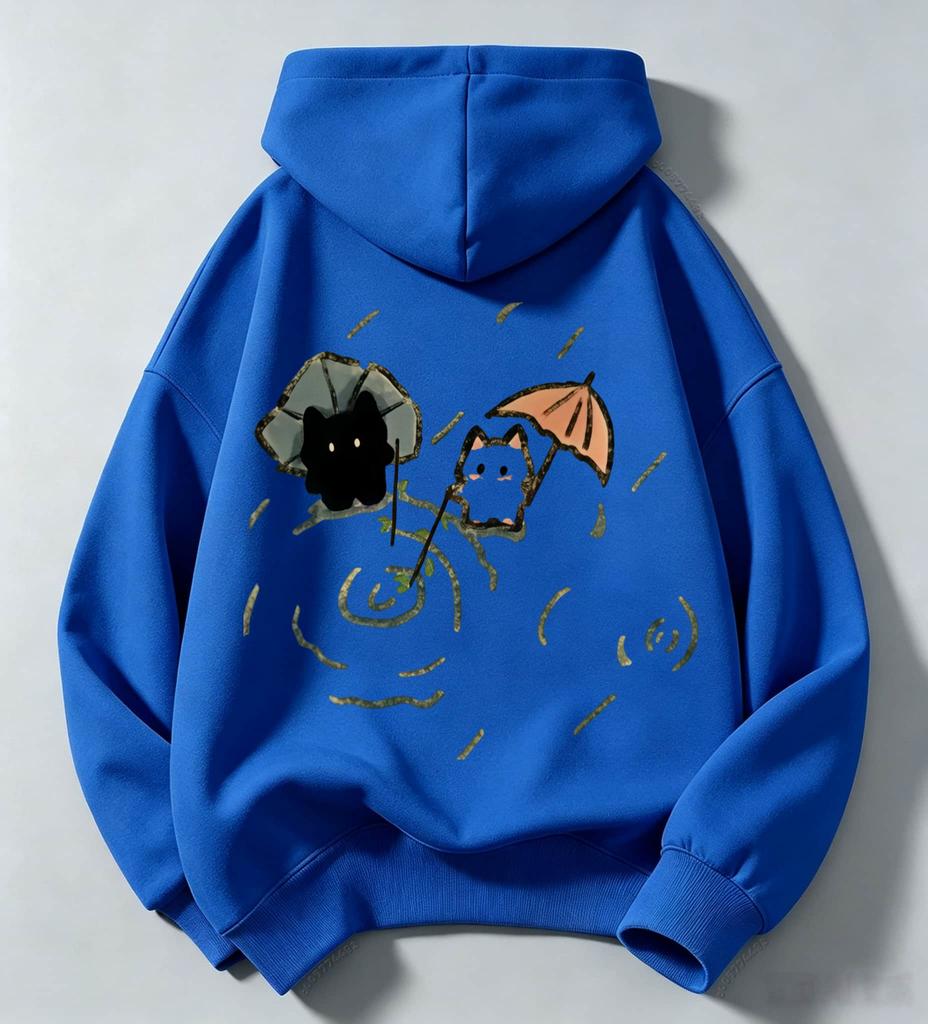 Cute cartoon cat rain umbrella print children's hooded sweatshirt for boys and girls, street-style pullover hoodie for kids