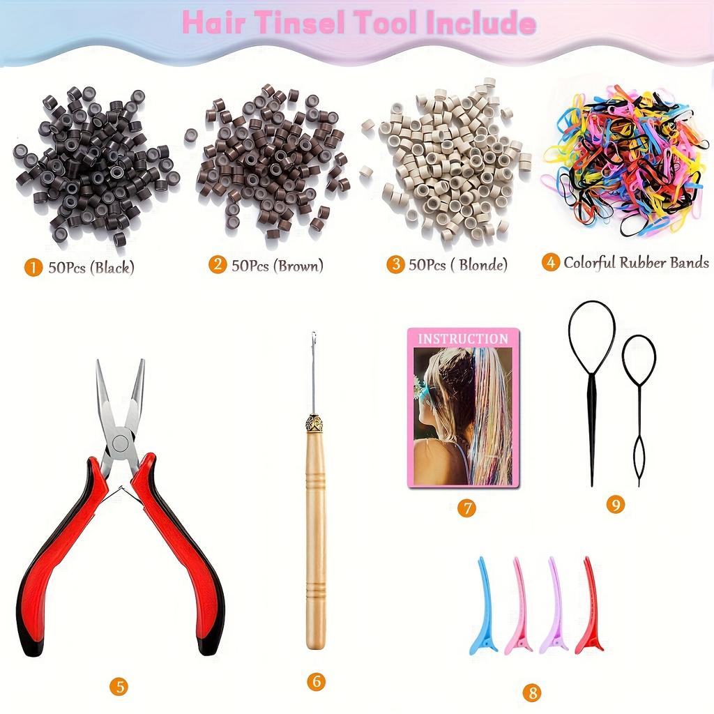 high quality6000 Strands Hair Tinsel Kit, 20 Colors, Glitter Heat-Resistant Hair Extensions, Fairy Hair Sparkle Tool Set, for Women & Girls, Party