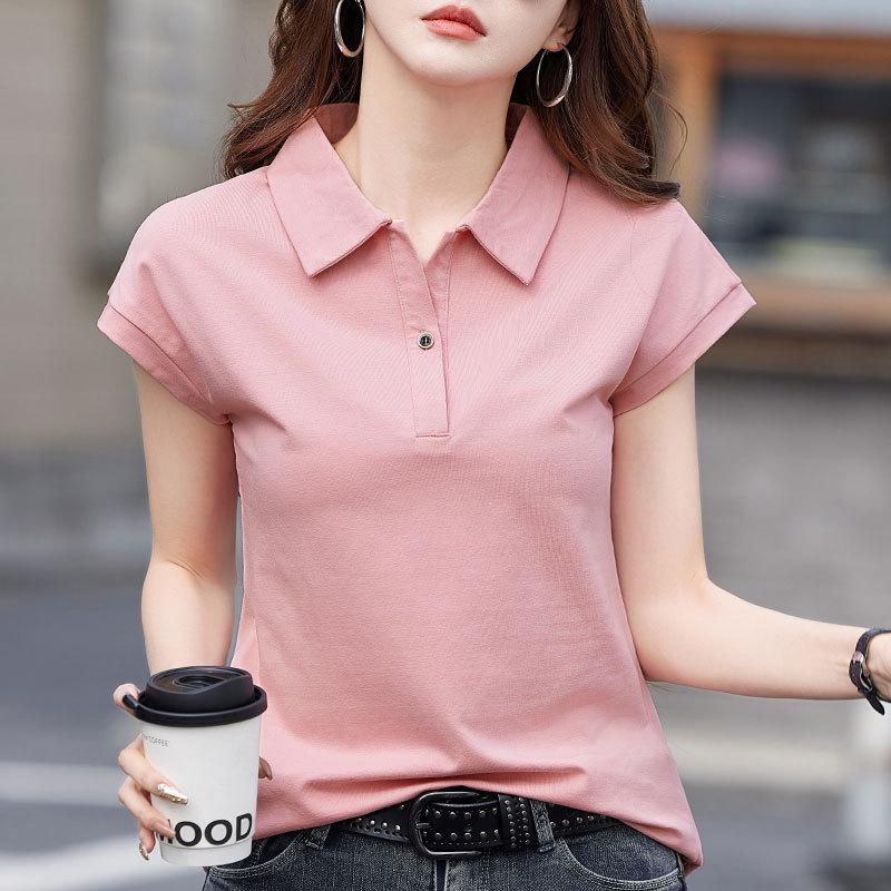 Women's Solid Color Pure Cotton Short-Sleeve Polo T-Shirt, Summer 2025 Collection - Versatile and Loose Fit