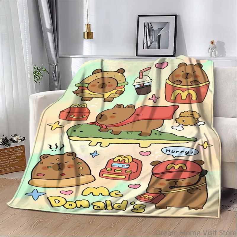 Cartoon Soft Capybara pattern printed Flannel Throw blanket, suitable for sofas, beds,offices, travel, Picnic,warm plush blanket