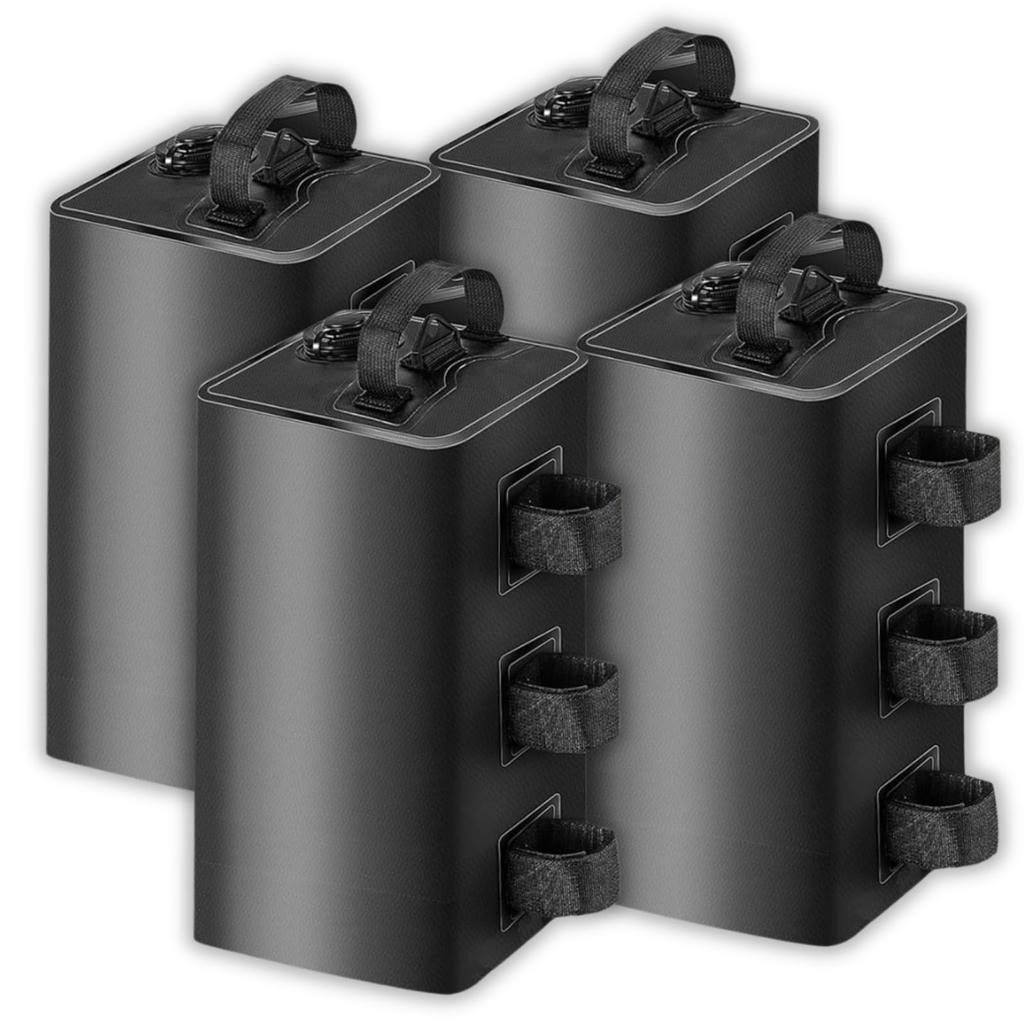 Rimikuru Tent Weight Bags, Water-Fillable, Black, for Tarps and Outdoors, 10kg/10L Slim Water Bags (Black, Set of 4)