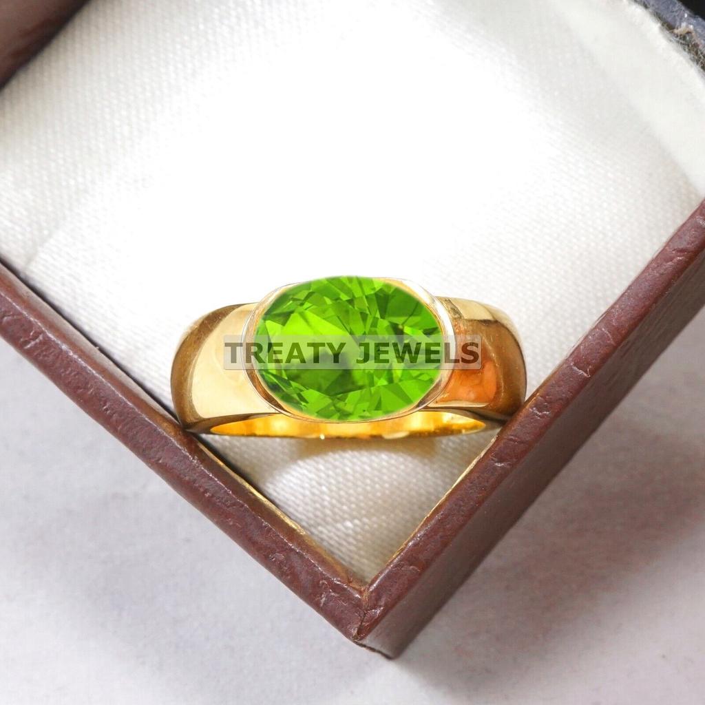 Peridot Oval Cut With 925 Sterling Silver Gold Plated Ring For Men's #B468 JL375683907022