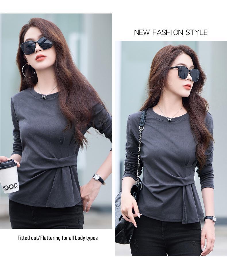 Chic Women's Long Sleeve Slimming Pure Cotton T-Shirt for Spring/Autumn