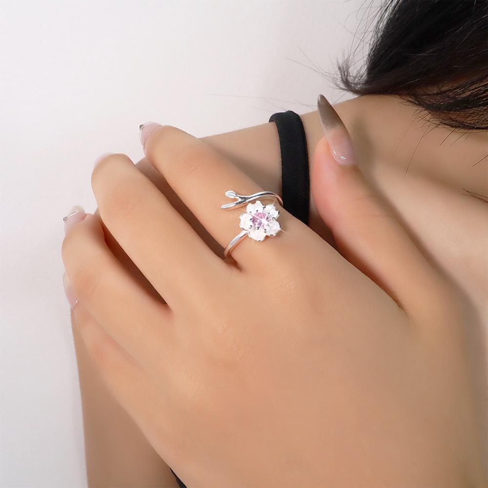 925  Silver small leaves micro-insert opening ring simple fashion sweet temperament leaf ornaments