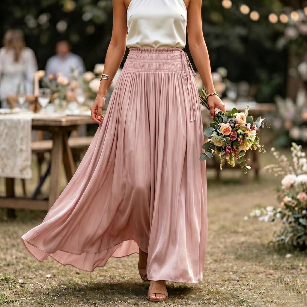 Women’s High Waist Elastic Waistband A-Line Maxi Skirt Flared Hem Loose Fit Lightweight Flowing Fabric Long Skirt for Daily Wear