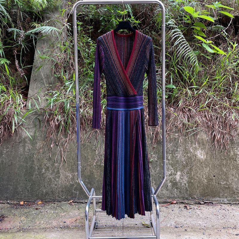 

Western Style Temperament Stripe Silver Thread Contrast Color Slim fit Slimming Cardigan V-neck Knitted dress Pleated Midi dress