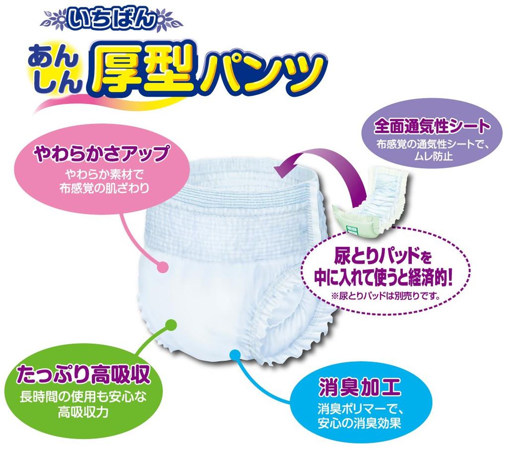 Ichiban Anshin Thick Sizes For those who can stand or Pants, L-LL, 16-Pack [ADL Classification sit]