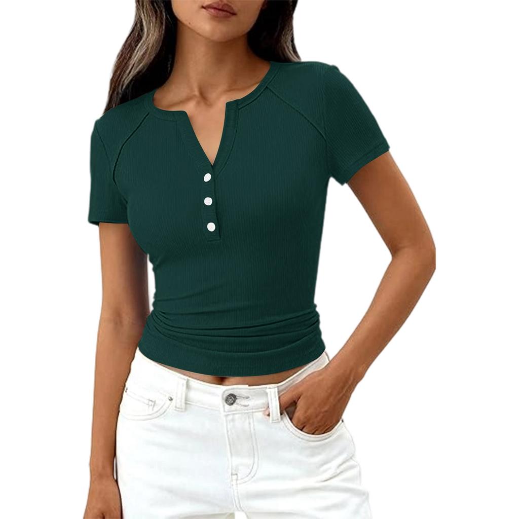 Damenmode Lässig Farbe Neu Kurzarm Dekorative Knöpfe V-Ausschnitt T-Shirt Top