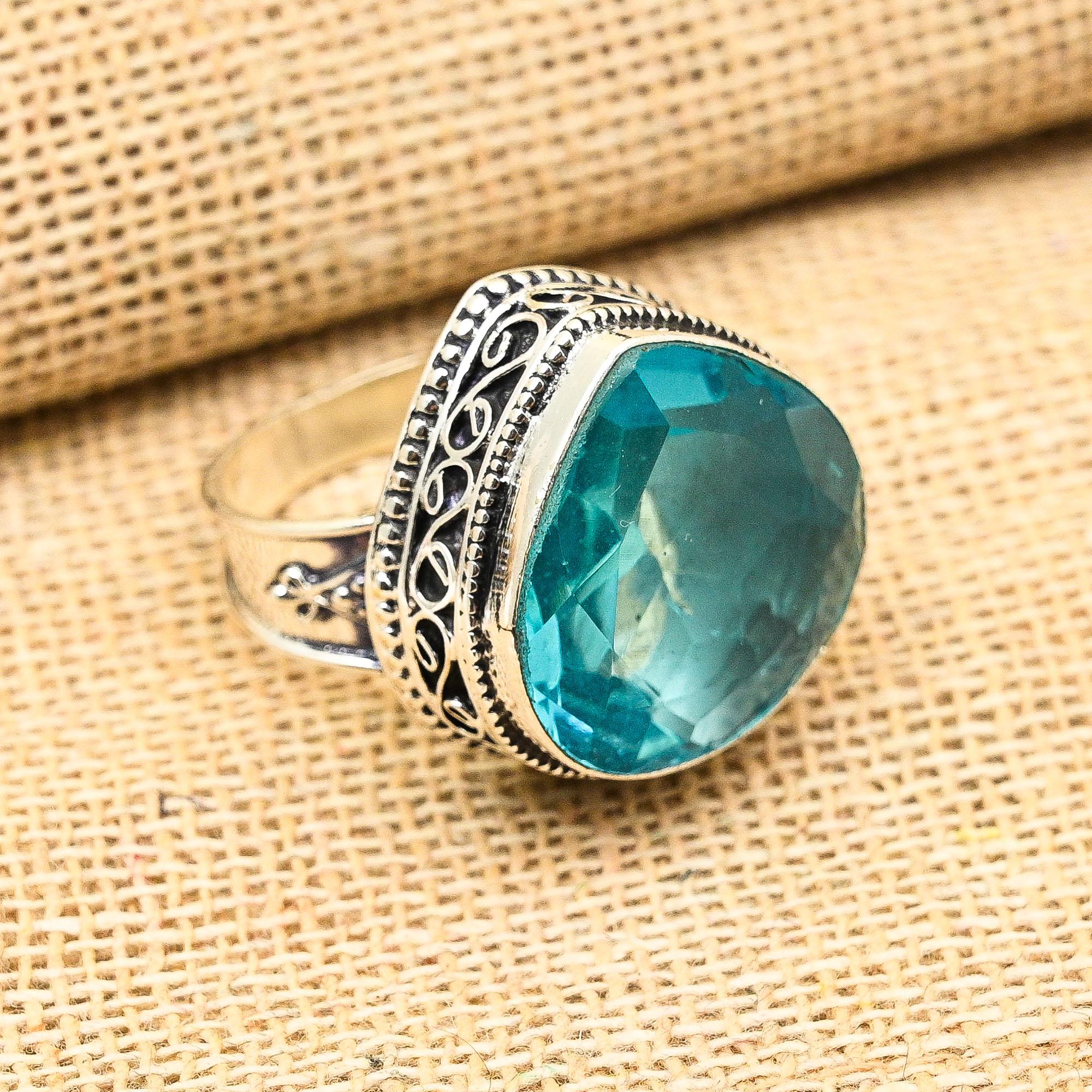 

Кольцо из стерлингового серебра 925 пробы с синим топазом ручной работы, антикварный ювелирный подарок для матери 10.5