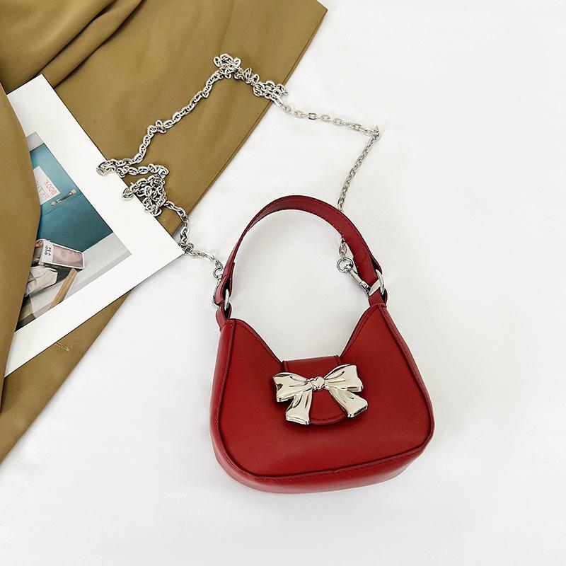 Sweet Solid Color Bow Handbag Women's 2025 New Trendy Fashion Niche Underarm Bag Chain Messenger Bag