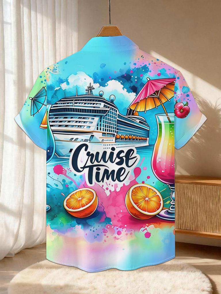 New Men'S Casual Short-Sleeve Shirt, Perfect for Cruise Moments, Vibrant Drinks Accompany Your Journey, Suitable for Holiday Gatherings And Commuting,