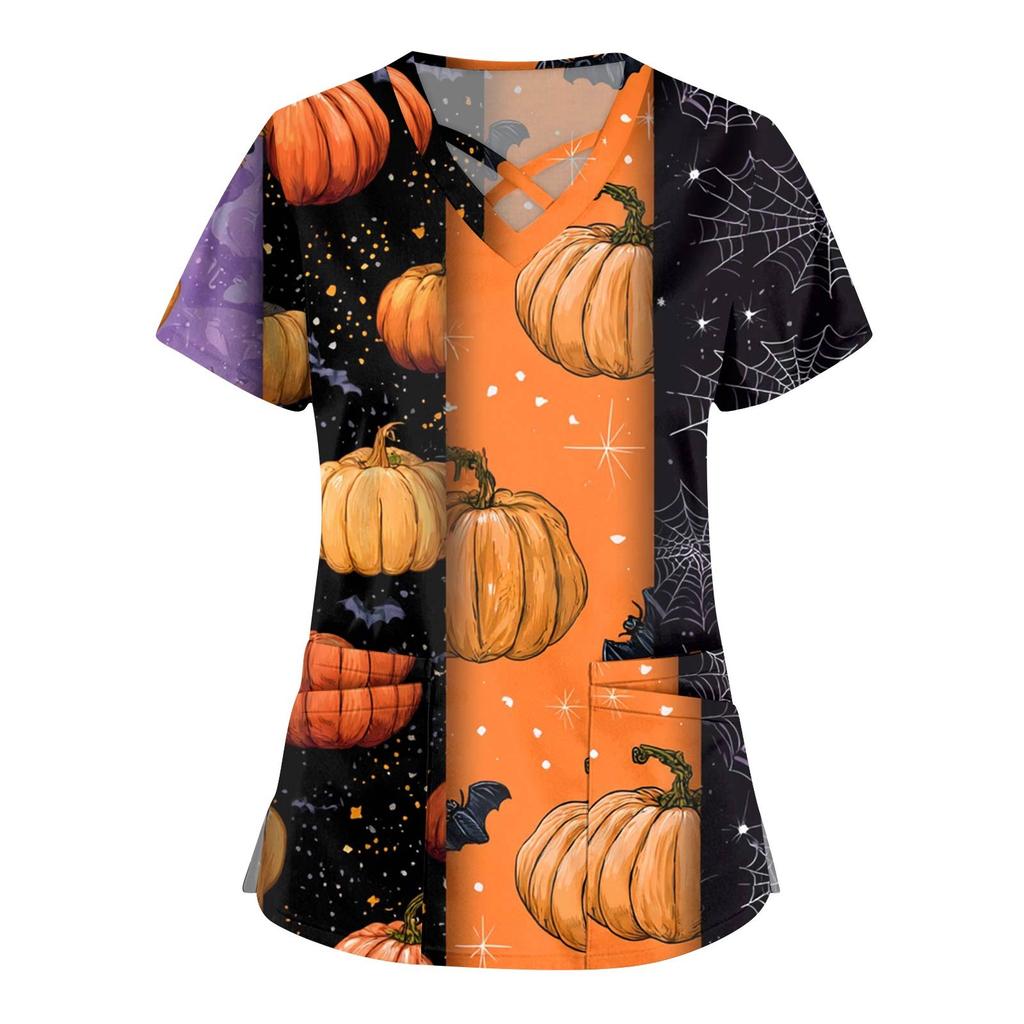 Damska Moda Kombinezon z Dekoltem V na Zakładkę Krótki Rękaw Podwójne Kieszenie Halloween Nadrukowane Bluzki Mundurki