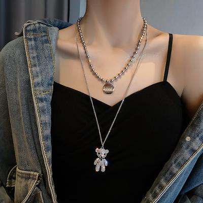 Titanium Steel Full Diamond Double Bear Necklace Female Niche Rhinestone Hip Hop Trendy High-end Sweater Chain