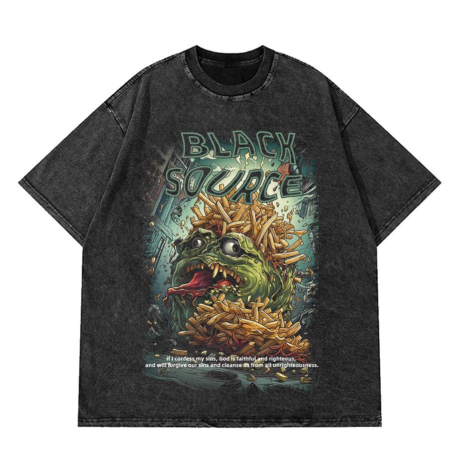 Black Source ANIME MANGA VINTAGE WASH UNISEX TSHIRT Octopus Men Harajuku TShirt Japanese Style