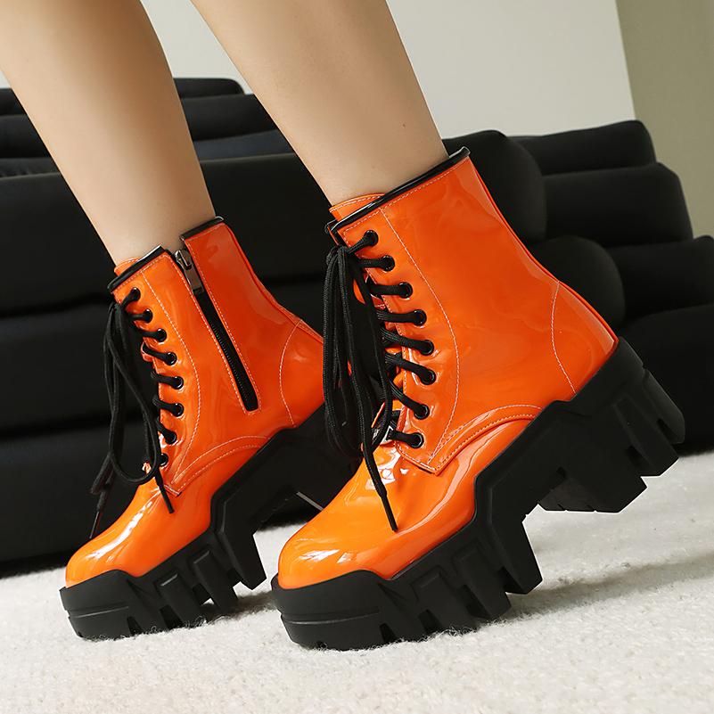 Plus Size Sponge Cake Heel Thick Sole Rubber Glossy Patent Leather Short Boots Lace Up Zipper Height Increasing Women's Boots