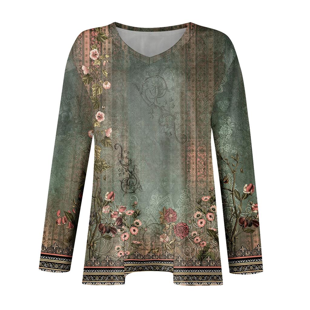 Dámské topy plus size s dlouhým rukávem, košile s výstřihem do V, ležérní oblečení, oblečení, potištěné topy