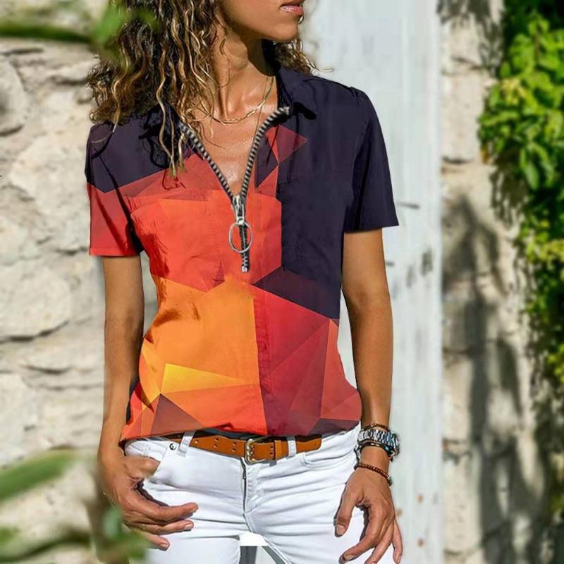 Summer Ethnic Style Zipper Tops Women Bohemian Short Sleeve Casual Shirt for Women Fashion Elegant Vintage Loose Blouse Women Clothing 24527