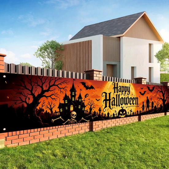 Outdoor Hanging Banners Halloween Fence Banner, 118 x 20 Inch Large Yard Sign Banner Flag, Scary Trick or Treat Party Decor Backdrop Decoration