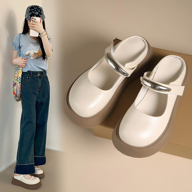 

Big-headed muffin thick-soled Mary Jane Birkenstocks women s metal one-word with shallow mouth heightening loafers 35