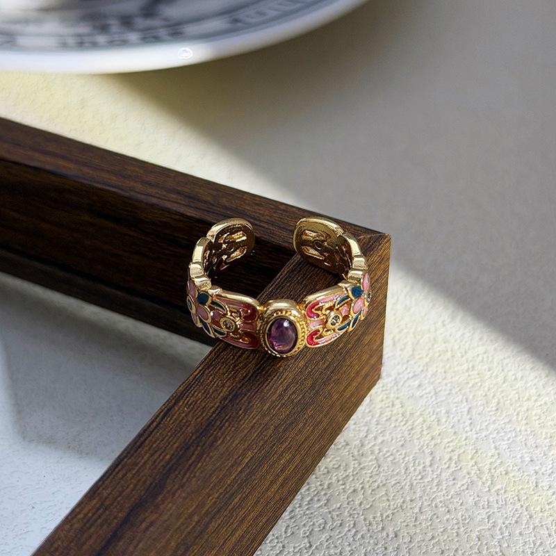 National Tide Style Retro Enamel Color Open Ring Medieval Vintage Flower Niche High-End Ring