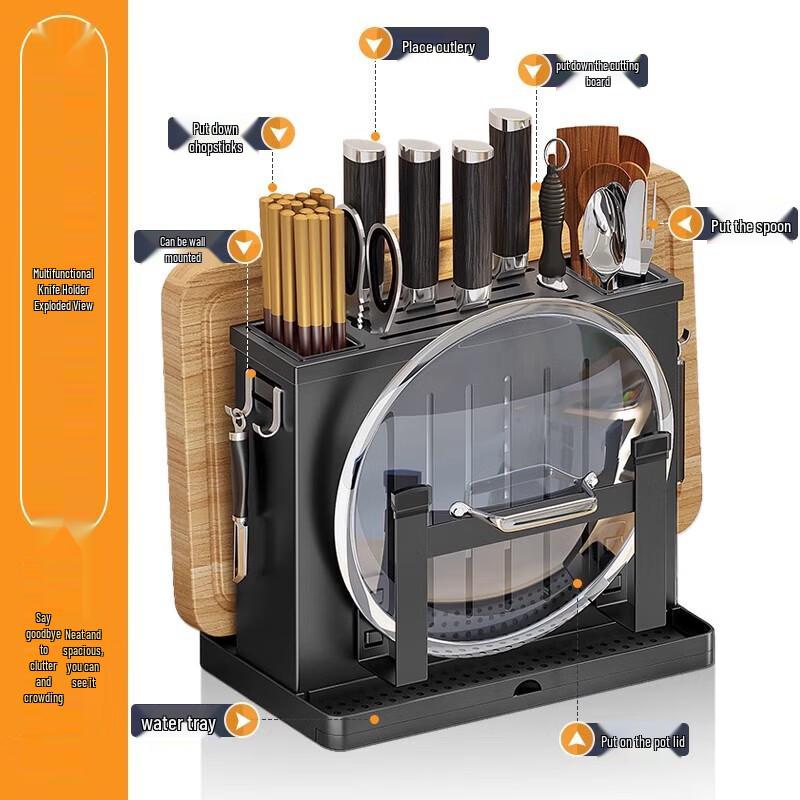 Multifunkční kuchyňský organizér z nerezové oceli s držákem na nože, prkénko a pokličky