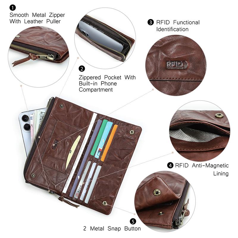 CONTACT'S Leather Wallet Men Retro Casual Natural Card Holder Coin Purse Male Travel Business Gift Long Wallet