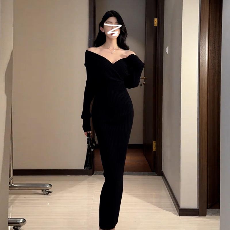 Women s Pink One-Shoulder Knit Dress – Slimming, Waist-Cinched Wool for Autumn Winter. Large чёрный