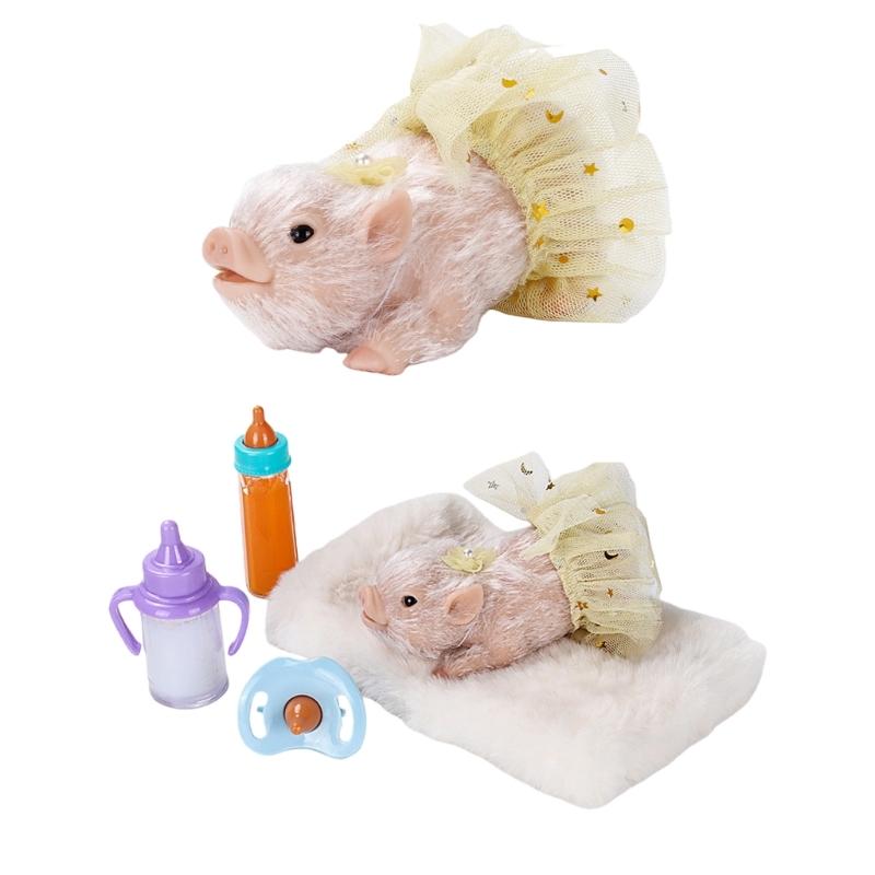 Pretend Play Piggy Toy With Baby Bottle Accessories Soft Silicones Yellow Outfit Educational Imaginative Kids Gift