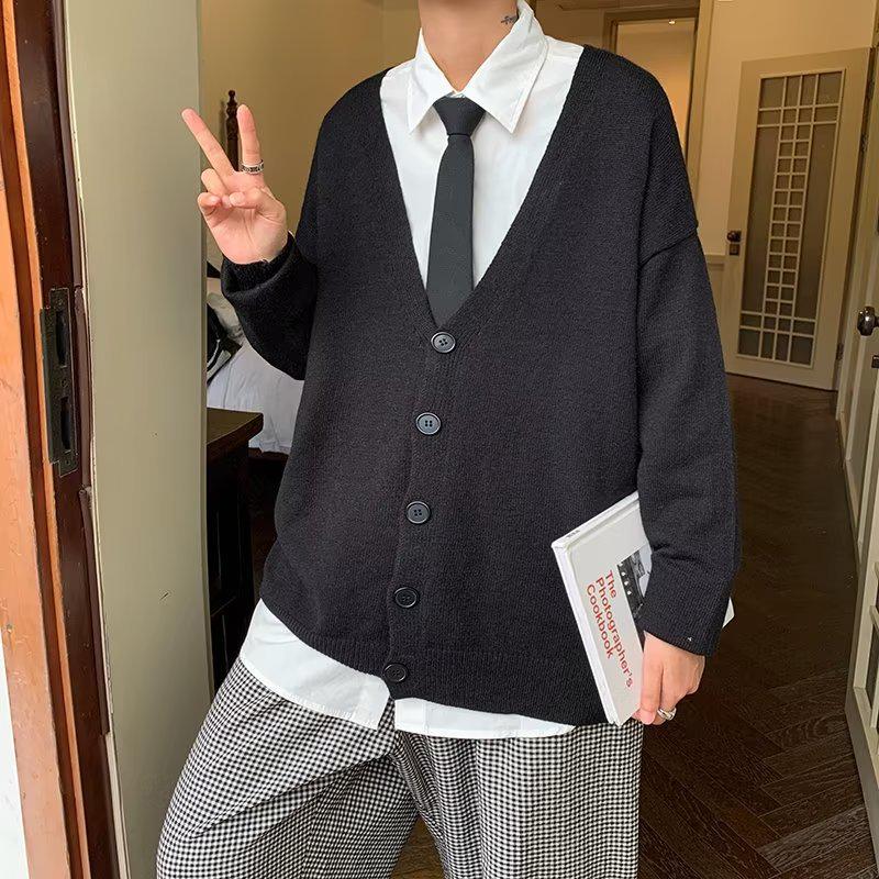 Men's Autumn Korean Style Loose Solid Color College Cardigan Sweater - Trendy Knitted Outerwear