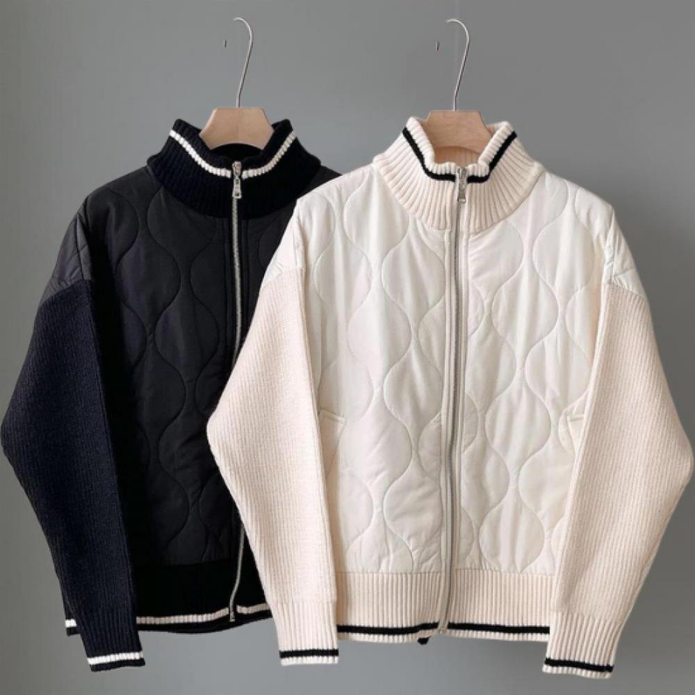 New Arrivals Open Run Women Ribbed Knit Quilted High Neck Zip Up Jacket