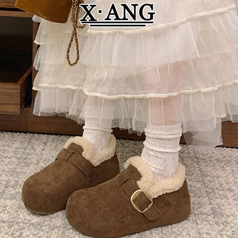 Damen-Samtschuhe mit dicken Sohlen, komplett aus Rindsleder, gefüttert mit verdickter Thermobaumwolle, Slipper aus Lammwolle