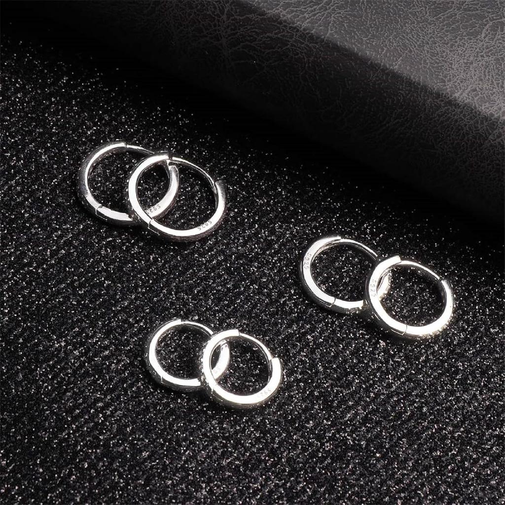 3 Pairs 925 Sterling Silver Small Hoop Earrings for Women Men | Cubic Zirconia, 14K White Gold Plated Huggie Hoop Earrings, Hypoallergenic