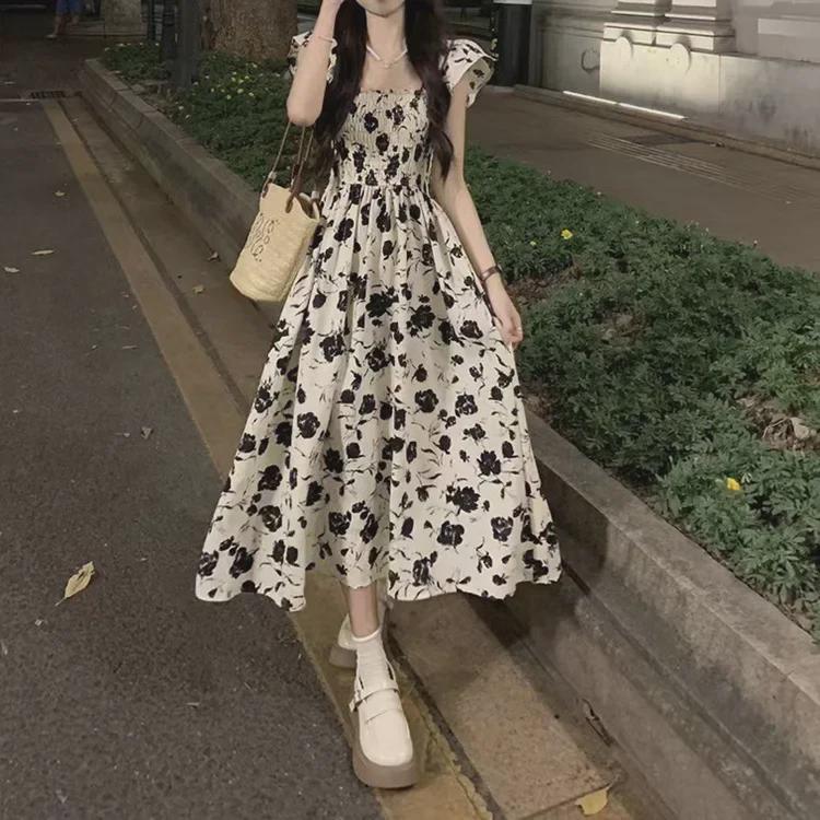 Sommerliches Blumenkleid mit französischen Ärmeln für Damen, schlankmachendes Midikleid im Hepburn-Stil