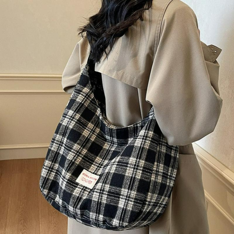 Borsa a tracolla Fashi a quadri da donna, borsa a spalla casual in tela, borsa tote di grande capacità, texture comoda e versatile, borse portaoggetti