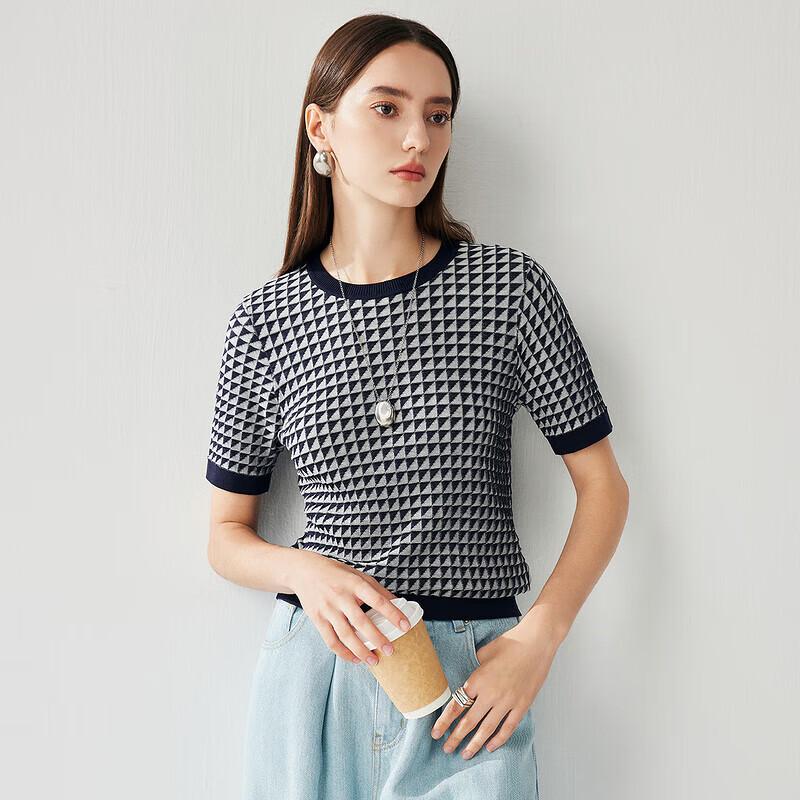 Zhaojun Women's Silk Blend Plaid Knit Short Sleeve T-Shirt