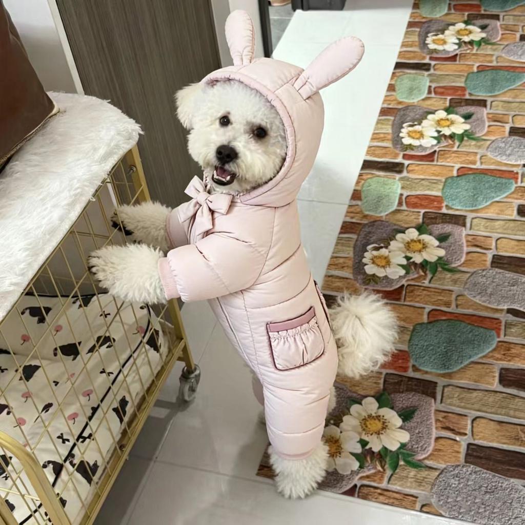 Warm Winter Dog Rompers,4 Legs Thicken Puppy Overalls, Dogs Down Jacket For Small Medium Breeds,Cute Bunny Design With Pockets