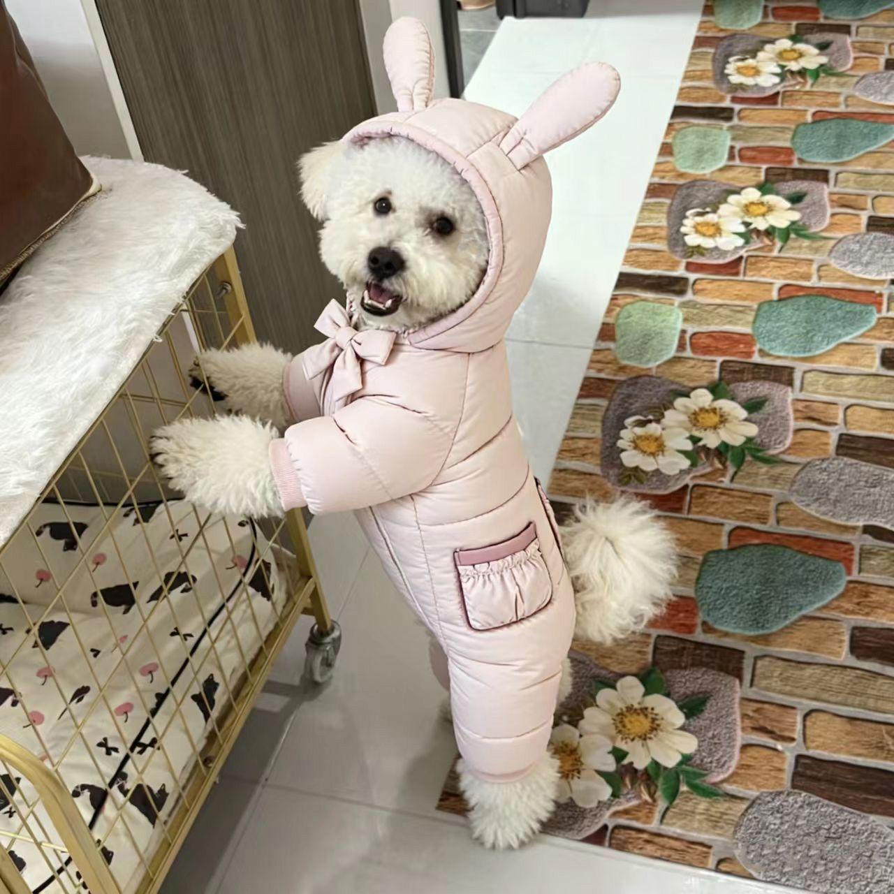 

Warm Winter Dog Rompers,4 Legs Thicken Puppy Overalls, Dogs Down Jacket For Small Medium Breeds,Cute Bunny Design With Pockets S рожевий