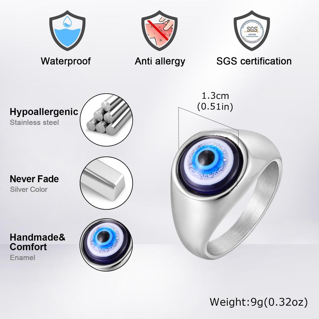 Hip Hop Evil Eye Ring for Men,Stainless Steel Blue Devil's Eye Signet Ring,Punk Eyeball Jewelry Gift