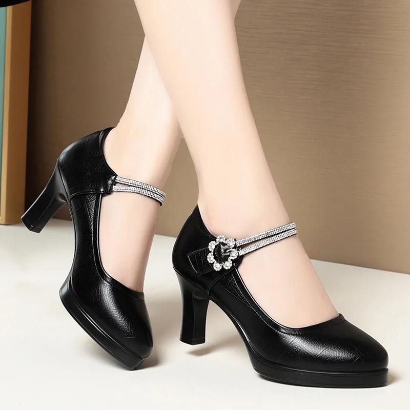 

7.5cm 9.5cm Comfortable Shallow Rhinestone Ankle Band Mary Janes 2025 Spring Block High Heels Shoes Platform for Office Mom 34