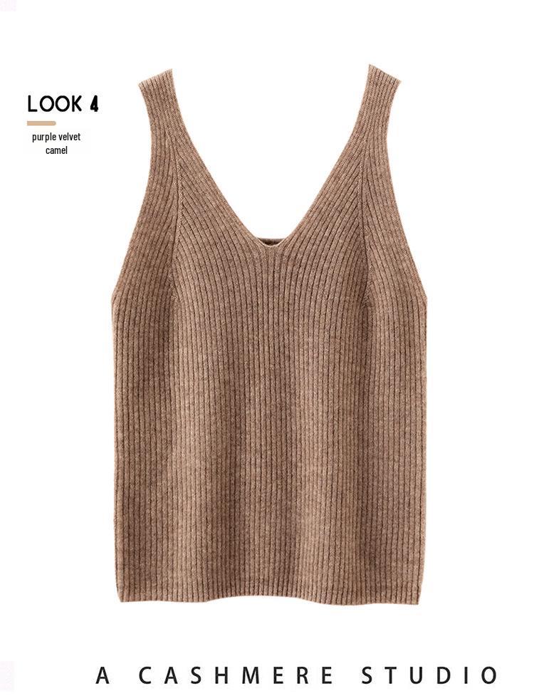 Women's Cashmere Knit Tank Top - Reversible Front V/Back U, Sleeveless Base Layer, Winter Wear