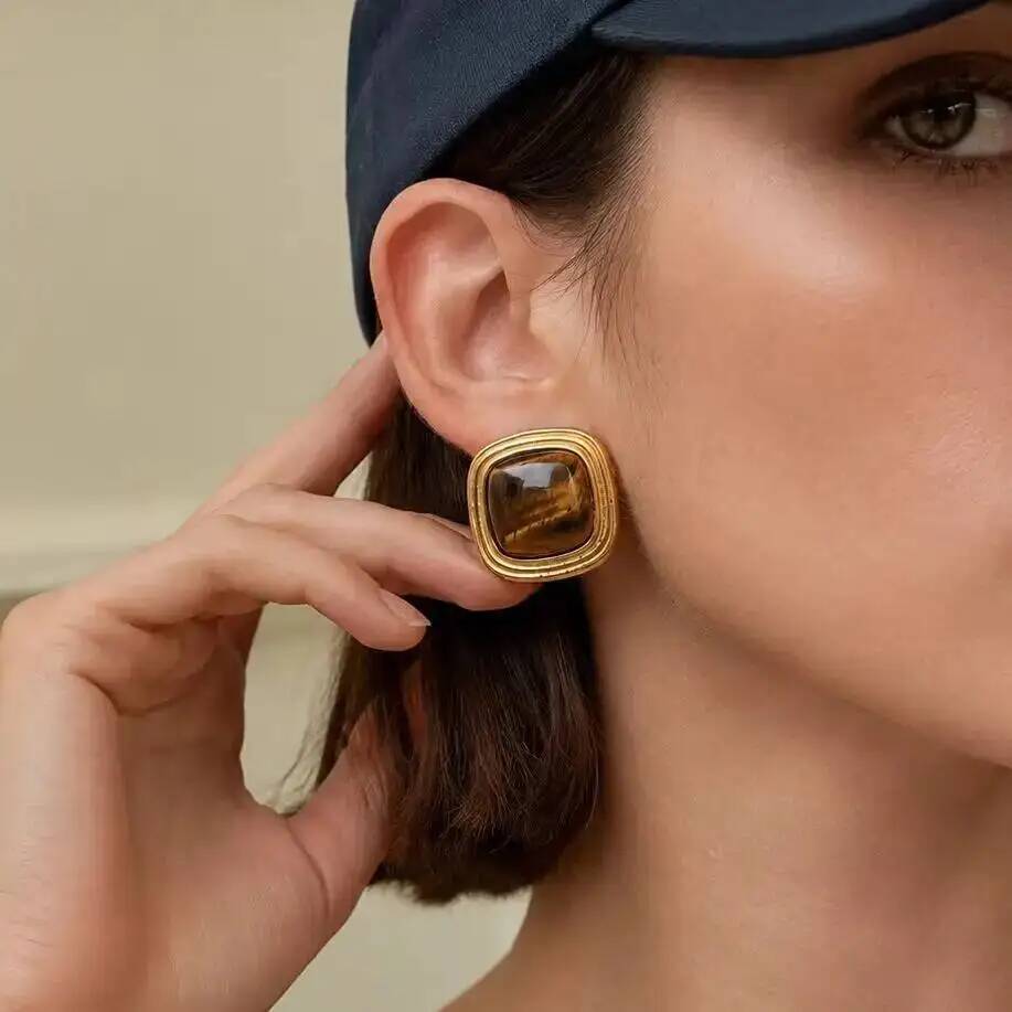 Salircon Classic Retro Tiger Eye Stud Earring For Women 18K Gold Plated Stainless Steel Piercing Ear Accessories Jewelry Gifts