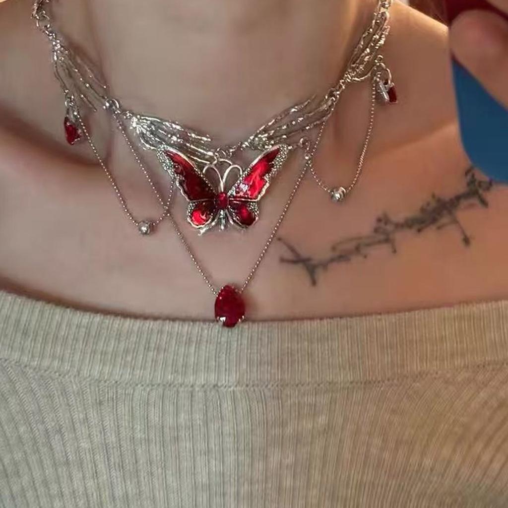 Red Enamel Butterfly Tassels Multi Layer Necklace Elegant Adjustable Length Neckchain Alloy Jewelry Gift for Women
