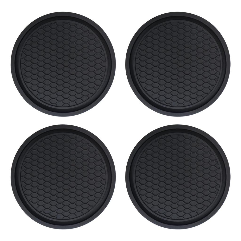 Car Drink Holder Coasters, Silicone, Black, Simple Design, Non-Slip, Approx. 70mm Diameter, Set of 4, Sparkling Round Design, CSTR-003
