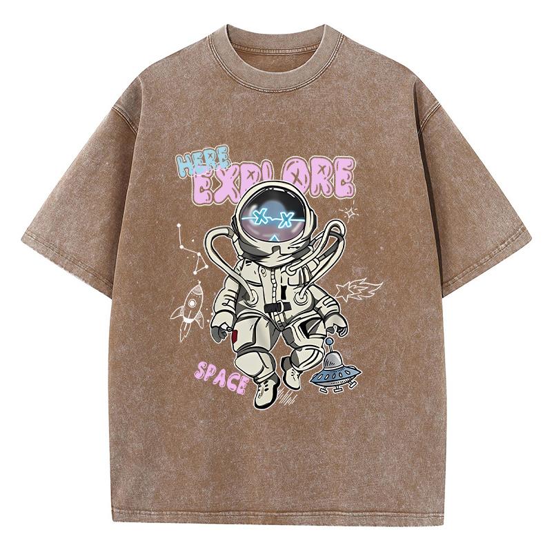 

Уличная женская хлопковая выстиранная футболка Здесь Исследуй Космос Принты Астронавтов Принт Футболка Свободные Топы Повседневная Женская Одежда 3XL