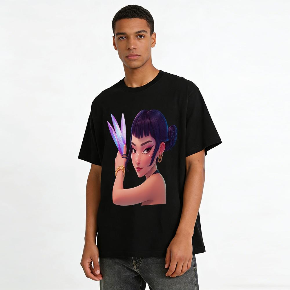 Trendy Chinese Style Purple Hair Cool Girl Print Top Casual Loose Crew Neck Short Sleeve T-Shirt Pure cotton T-shirt