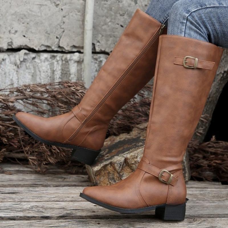 Plus-size Shoes, Square Heels, Pointed Boots, New High-top Knee-length Leather Boots for Women