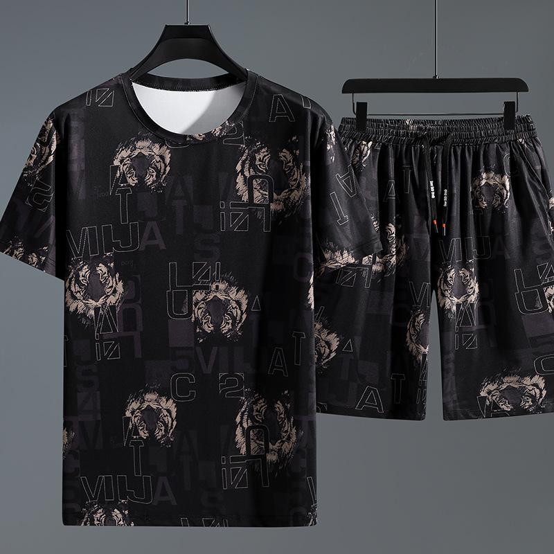 Mens Summer Thin Section Casual Sports Suit Short-sleeved T-shirt + Quick-drying Shorts Plus Size Two-piece Set