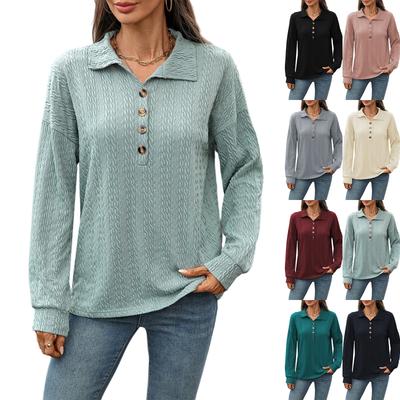 Mode Femme Couleur Unie Revers Bouton Couture Ample Manches Longues T-Shirt Haut