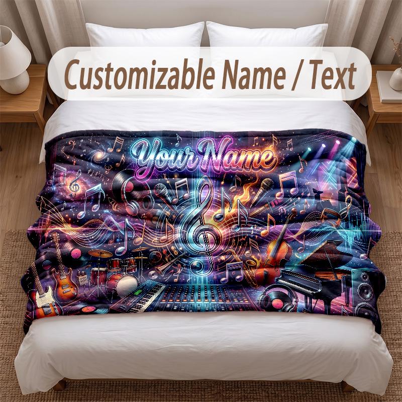 Music General Theme Soft Blanket Personalized Custom Name Text Print Warm Blanket Home Sofa Bedroom Decor